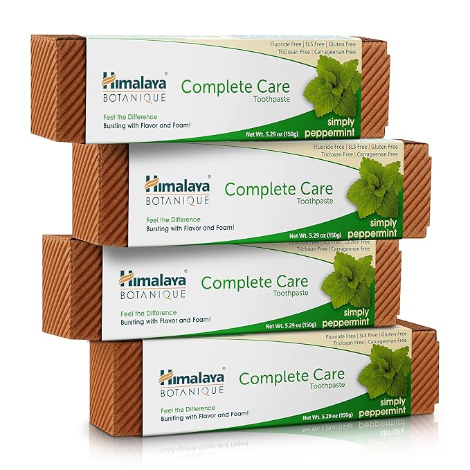Himalaya Botanique Complete Care Toothpaste, Herbal, Peppermint Flavor, Fights Plaque, Freshens Breath, Fluoride Free, No Artificial Flavors, SLS Free, Cruelty Free, Foaming, 5.29 Oz, 4 Pack…