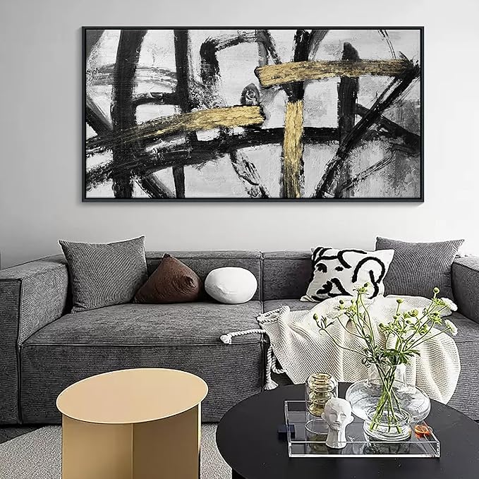 CHATYOUNG Wall Art Modern Abstract Paintings - Large Golden Thread Canvas Prints Black White and Gold Interweaving Wall Pictures Prefer for Bedroom Living Room Office Decor,Framed, 29 x 58 In-StrideForce Fitness