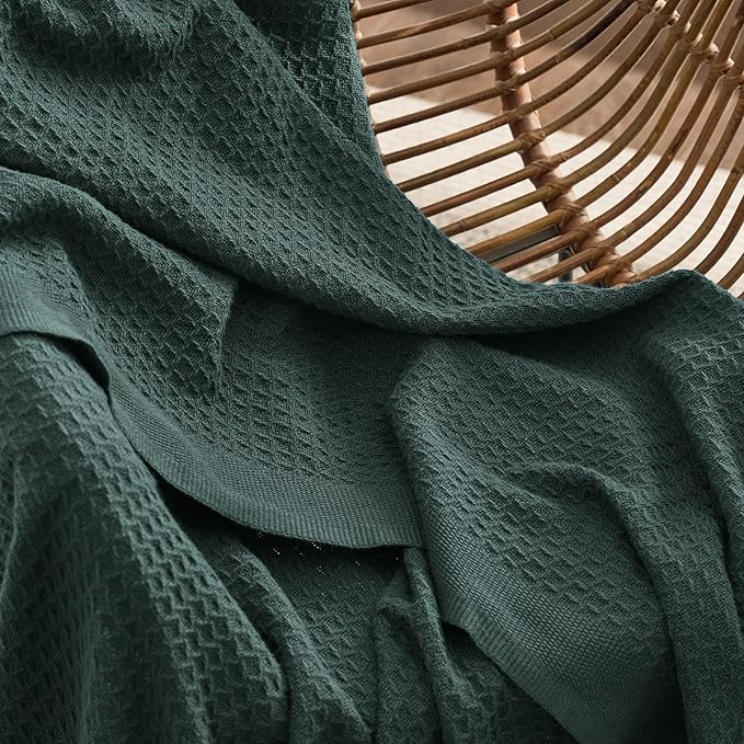 Bedsure 100% Cotton Large Throw Blanket for Couch 50x70 inches - Breathable and Soft, Waffle Weave Throw Blanket for Office, Dark Green-StrideForce Fitness