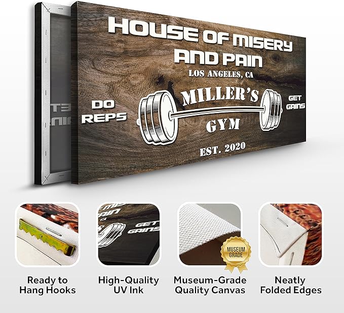 Tailored Canvases Personalized Gym Sign Wall Art Decor - Motivational Canvas for Home Gym, Workout Room, Garage, Fitness Center - Workout Inspirational Posters - House of Misery and Pain, Wooden 48x24in-StrideForce Fitness