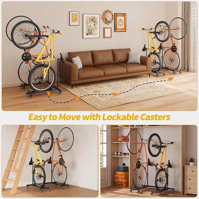 Vertical Bike Stands (2 Pack)，Standing Bike Rack for Garage Floor，Upright Bicycle Floor Stand Indoor Bike Holder with Adjustable Height for Garage & Apartment - for Wheels Sizes up to 29”-StrideForce Fitness