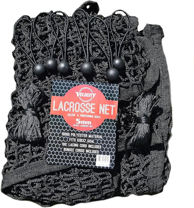 Velocity Heavy Duty Black & White Lacrosse Net - Fits 6’x6’x7’ Goals - Weatherproof, UV Resistant 1000D High-Strength Polyester - Comes with 100+ Feet of Lacing Cord and 4 Quick Ties-StrideForce Fitness