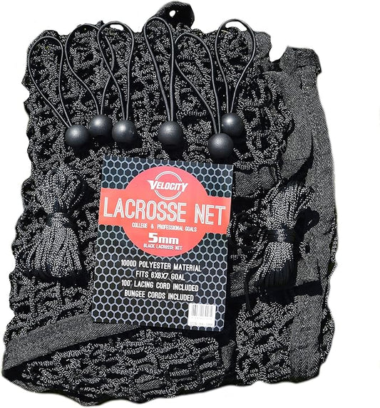 Velocity Heavy Duty Black & White Lacrosse Net - Fits 6’x6’x7’ Goals - Weatherproof, UV Resistant 1000D High-Strength Polyester - Comes with 100+ Feet of Lacing Cord and 4 Quick Ties-StrideForce Fitness