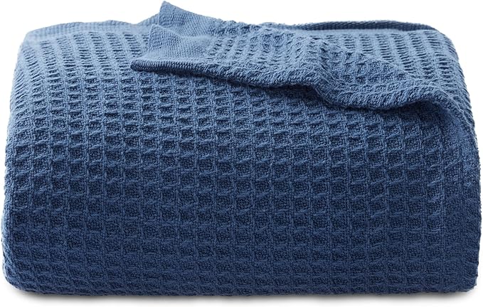 Bedsure 100% Cotton Large Throw Blanket for Couch 50x70 inches - Breathable and Soft, Waffle Weave Throw Blanket for Office, Navy-StrideForce Fitness