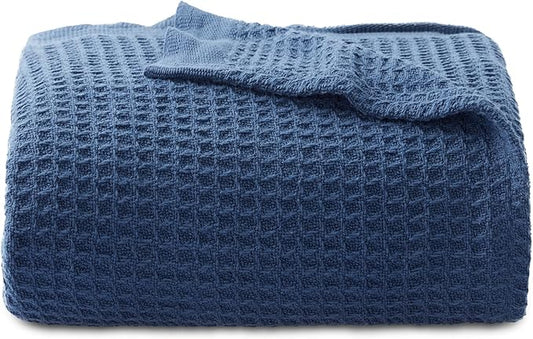 Bedsure 100% Cotton Blanket Twin XL Size for College Dorm - Breathable and Soft, Waffle Weave Twin Blanket for Summer, Dorm Room Essentials, Navy, 66x90 inches-StrideForce Fitness