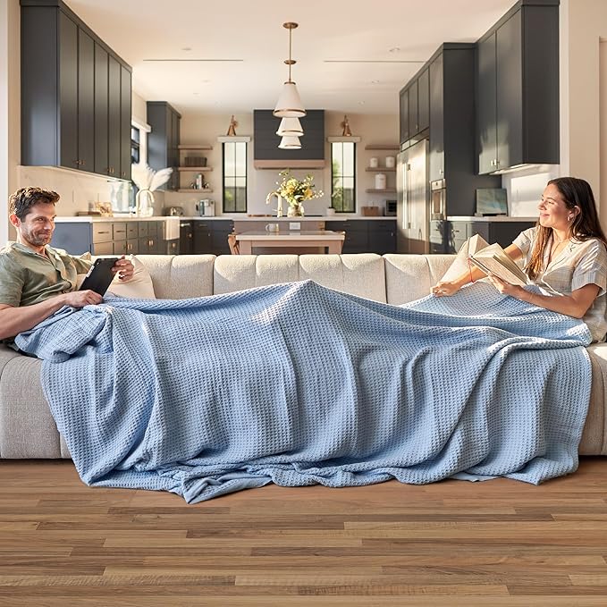 Bedsure 100% Cotton Large Throw Blanket for Couch 50x70 inches - Breathable and Soft, Waffle Weave Throw Blanket for Office, Sky Blue-StrideForce Fitness