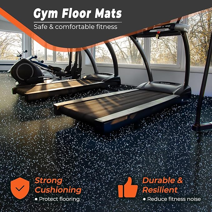 SUPERJARE 0.4'' Thick 12 Pcs 48 Sq Ft Rubber Top Exercise Equipment Mats, High Density EVA Foam Mats with Rubber Top, Interlocking Gym Flooring for Home Gym, Protective Workout Mat, Black/Blue-StrideForce Fitness