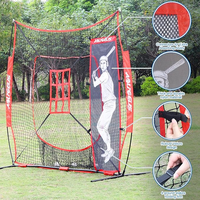7'X7' Baseball Softball Practice Net,Pitching Net,Batting Net,with Baseball Tee,Bonus Strike Zone and Bow Frame,for Hitting,Pitching, Catching-StrideForce Fitness