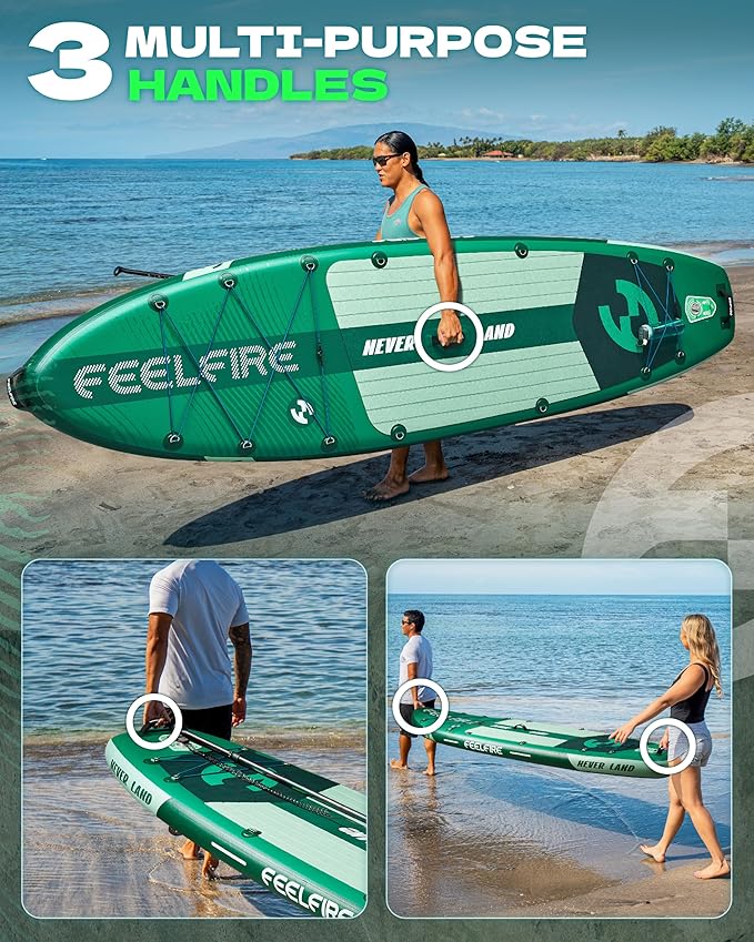 Feelfire11'x34” Extra Wide Inflatable Paddleboard, Stand-up Paddle Board for Adults, 420lb Capacity for Yoga/Fishing/Family, EVA Deck, US Fin, High-Pressure Pump, Storage Backpack, Safety Leash-StrideForce Fitness
