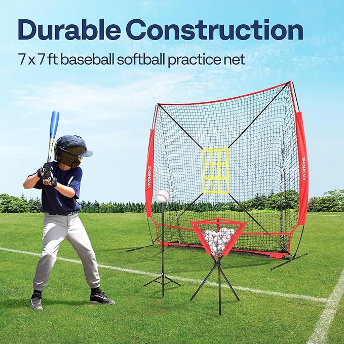 VIVOHOME Baseball Softball Hitting Net with Large Ball Collection System, 7 x 7 ft Baseball Batting Pitching Net with Tee, 2 Strike Zone, Carry Bag-StrideForce Fitness