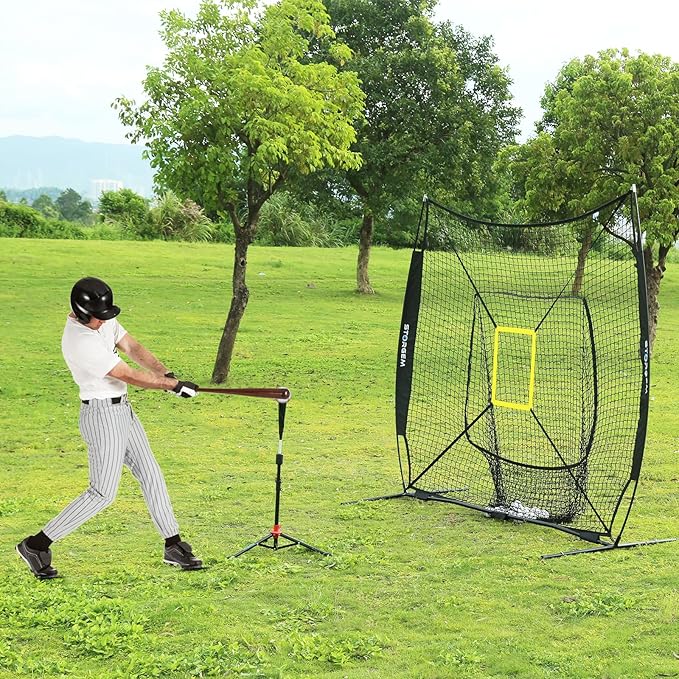 Storgem Baseball and Softball Practice Net 7×7ft Portable Hitting Pitching Batting Training Net Baseball Backstop Net with Batting Tee and Strike Zone and Bow Frame-StrideForce Fitness