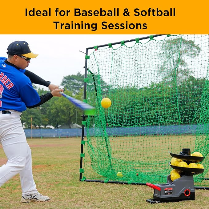 Furlihong 691BH Baseball Softball Toss Machine, Foot-Operated, No Power Needed, 4 Adjustable Gears, Includes 2 Ball Chutes, 1 PU Baseball & 1 PU Softball-StrideForce Fitness