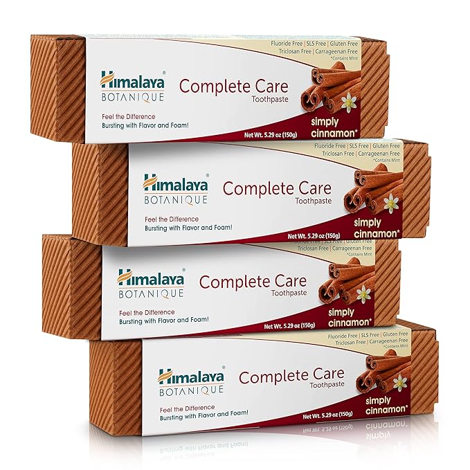 Himalaya Botanique Complete Care Toothpaste, Herbal, Cinnamon Flavor, Fights Plaque, Freshens Breath, Fluoride Free, No Artificial Flavors, SLS Free, Cruelty Free, Foaming, 5.29 Oz, 4 Pack