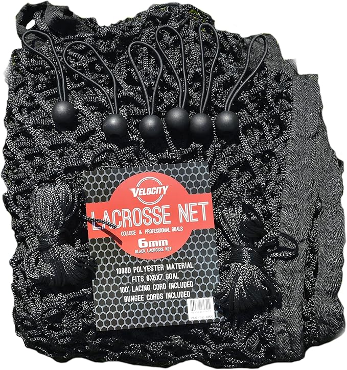 Velocity Heavy Duty Black & White Lacrosse Net - Fits 6’x6’x7’ Goals - Weatherproof, UV Resistant 1000D High-Strength Polyester - Comes with 100+ Feet of Lacing Cord and 4 Quick Ties-StrideForce Fitness