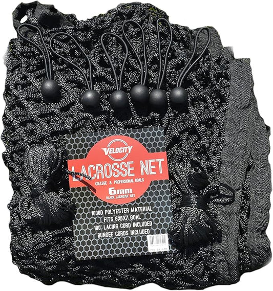 Velocity Heavy Duty Black & White Lacrosse Net - Fits 6’x6’x7’ Goals - Weatherproof, UV Resistant 1000D High-Strength Polyester - Comes with 100+ Feet of Lacing Cord and 4 Quick Ties-StrideForce Fitness