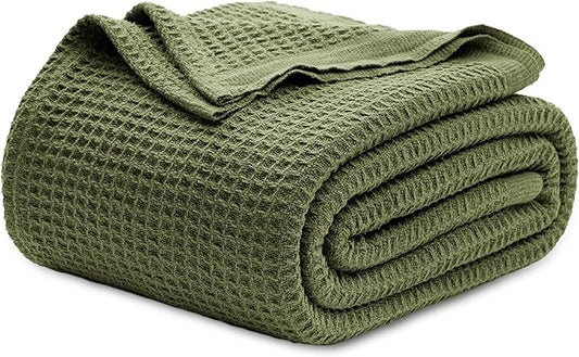 Bedsure 100% Cotton Blanket Queen Size for Bed - Breathable and Soft, Waffle Weave Blanket for Summer, Thick Cozy Fall Blankets for Women Gift, Olive Green, 90x90 Inches-StrideForce Fitness
