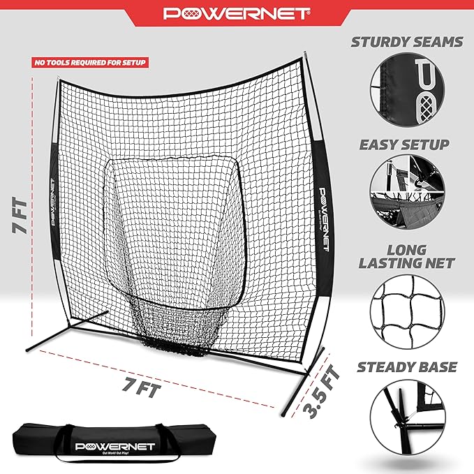 PowerNet Baseball Softball Practice Net 7x7 with Baseball Accessories for Practice Pitching, Batting & Fielding, Ball Caddy, Weighted Baseballs, Tee-StrideForce Fitness
