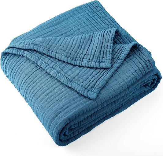 Carriediosa 100% Cotton Muslin Throw Blanket 50" X 70" Throw XL Size，4-Layers Summer Gauze Throws for Bed Couch，Soft Lightweight Breathable Linen Blankets Bedspread for Adults All Season，Dusty Blue-StrideForce Fitness