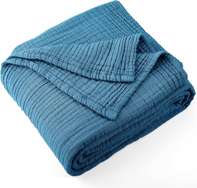 Carriediosa 100% Cotton Muslin Throw Blanket 90" X 90" Queen Size，4-Layers Summer Gauze Throws for Bed Couch，Soft Lightweight Breathable Linen Blankets Bedspread for Adults All Season，Dusty Blue-StrideForce Fitness
