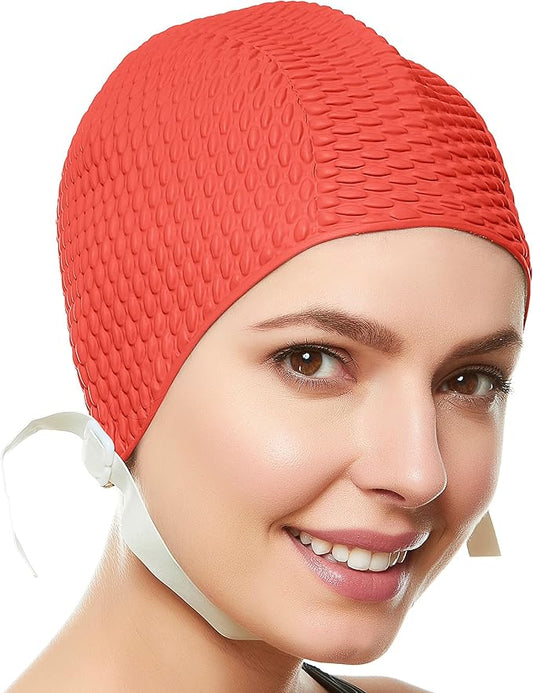 Beemo Swim Cap Women Chin Strap Bubble Crepe Latex Long Short Hair Swimming Caps-StrideForce Fitness