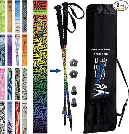 York Nordic Hiking & Walking Poles - Cushion Foam Grips w/Nordic Strap - Lightweight, Adjustable, and Great for Balance -2 Pieces w/Flip Locks, and Travel Bag - Heights 5'4"-6'2"-StrideForce Fitness