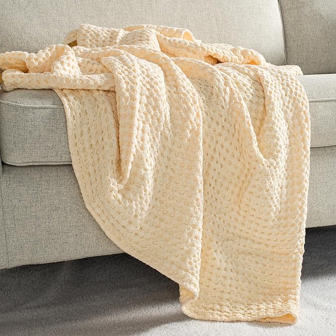 Carriediosa 100% Cotton Waffle Weave Blanket 400GSM Breathable Thermal Blankets for Bed Couch Sofa Soft and Cozy Throws for All Season Home Decor, 50"X 60" Light Yellow-StrideForce Fitness