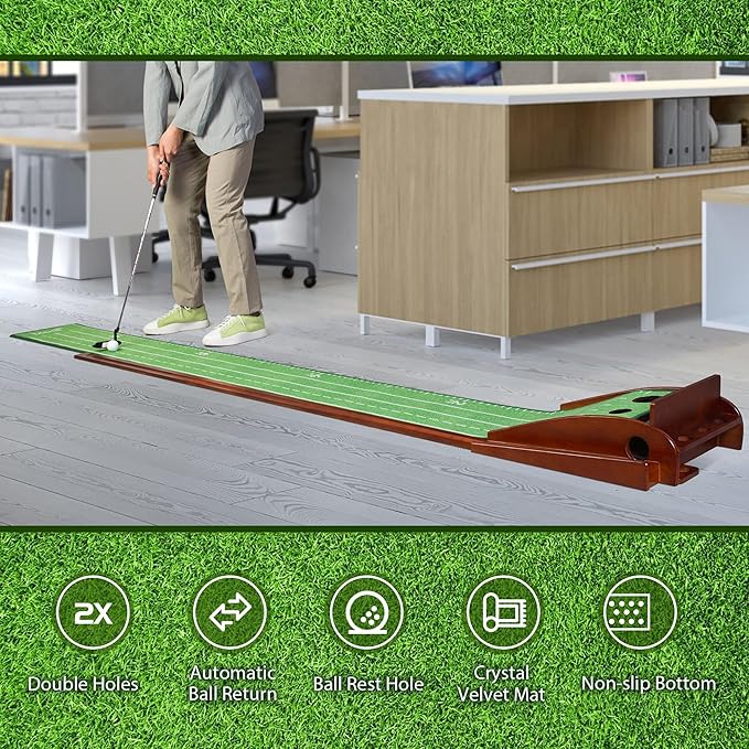 Golf Putting Mat with Ball Return - Putting Green Indoor Featuring 9ft Non-Slip Velvet Surface for Indoor & Outdoor - Smooth, Skip-Free Walnut Ball Return System - Golf Practice Mat for Backyard-StrideForce Fitness