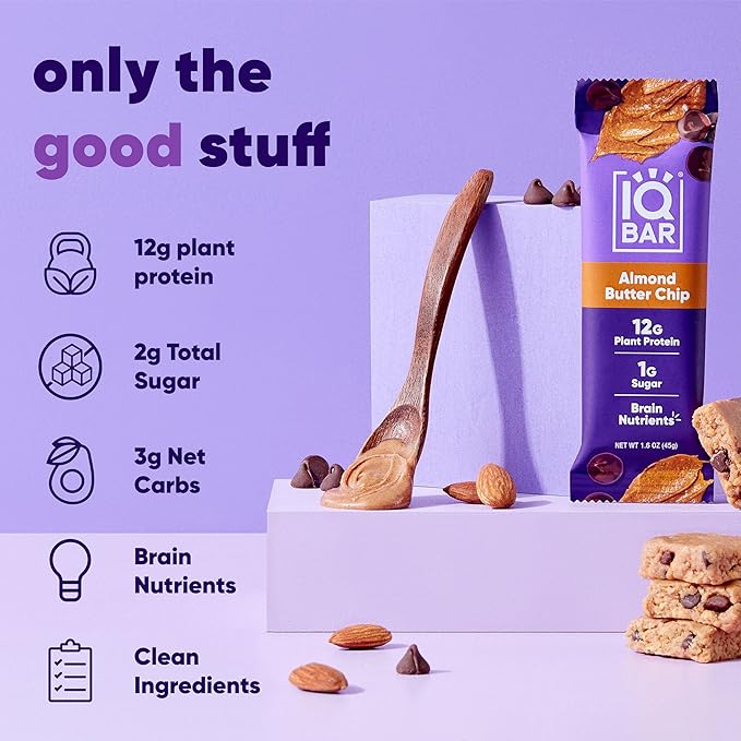 IQBAR Brain and Body Plant Protein Bars - Almond Butter Chip - 12-Count Low Carb - Gluten Free, High Fiber, Vegan Snacks - Low Sugar Meal Replacement-StrideForce Fitness