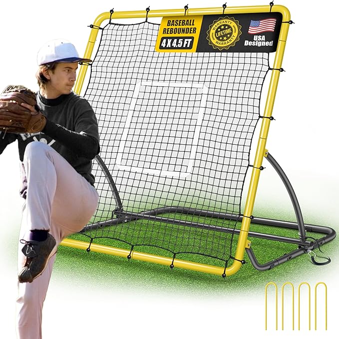 Heavy Duty Baseball Rebounder Net 4x4.5 FT Pitchback with 3 Adjustable Angles, Baseball and Softball Bounce Back Net for Ground, Line Drive, Fly Ball Return Settings Fielding Trainer-StrideForce Fitness