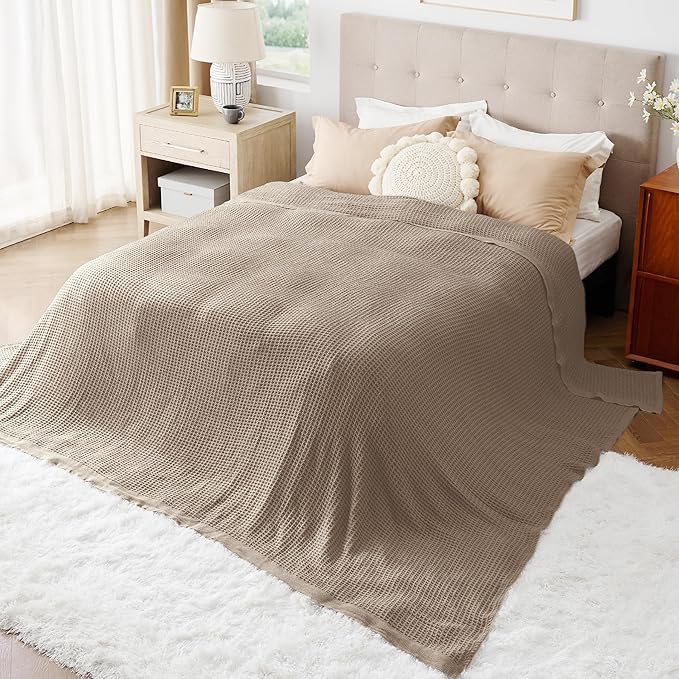 Bedsure 100% Cotton Large Blanket Oversized King for Bed - Breathable Thick Waffle Weave Blanket for Summer, Couch Cover, Taupe, 120x94 inches-StrideForce Fitness