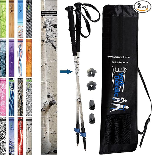York Nordic Hiking & Walking Poles - Cushion Foam Grips w/Nordic Strap - Lightweight, Adjustable, and Great for Balance -2 Pieces w/Flip Locks, and Travel Bag - Heights 5'4"-6'2"-StrideForce Fitness