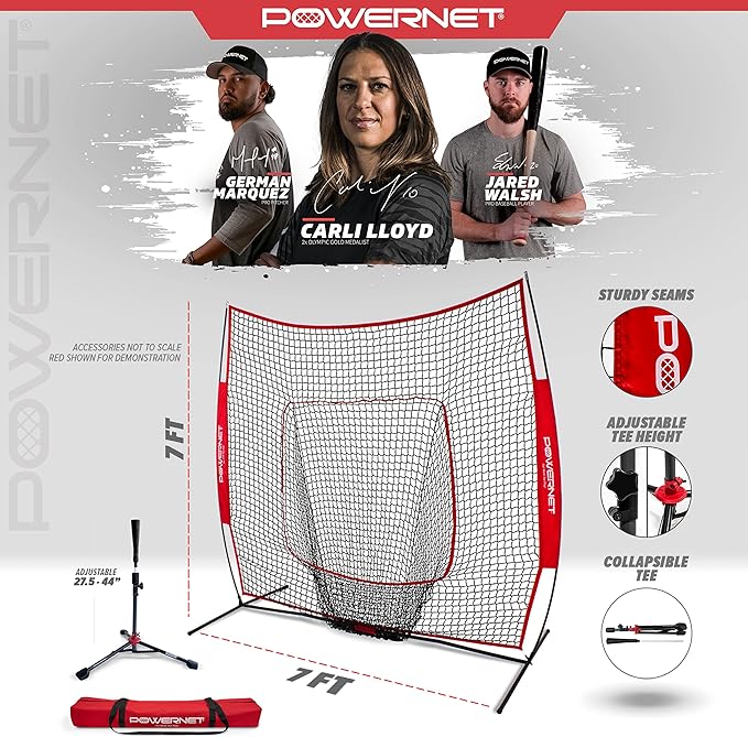 PowerNet Baseball Softball Practice Net 7x7 with Baseball Accessories for Practice Pitching, Batting & Fielding, Ball Caddy, Weighted Baseballs, Tee-StrideForce Fitness