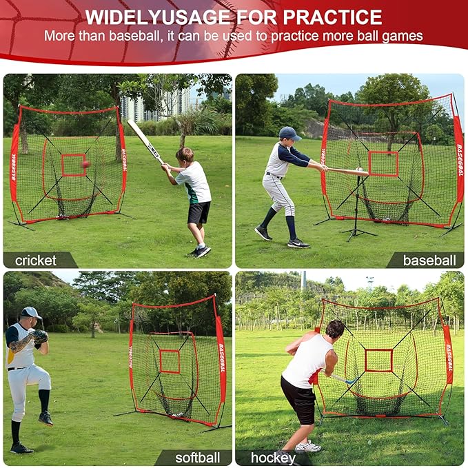 7'×7' Baseball Softball Practice Net,Baseball Backstop,with Batting Tee,Ball Caddy,for Hitting Pitching Batting Catching with Bow Frame,Bonus Strike Zone,Portable and Foldable-StrideForce Fitness