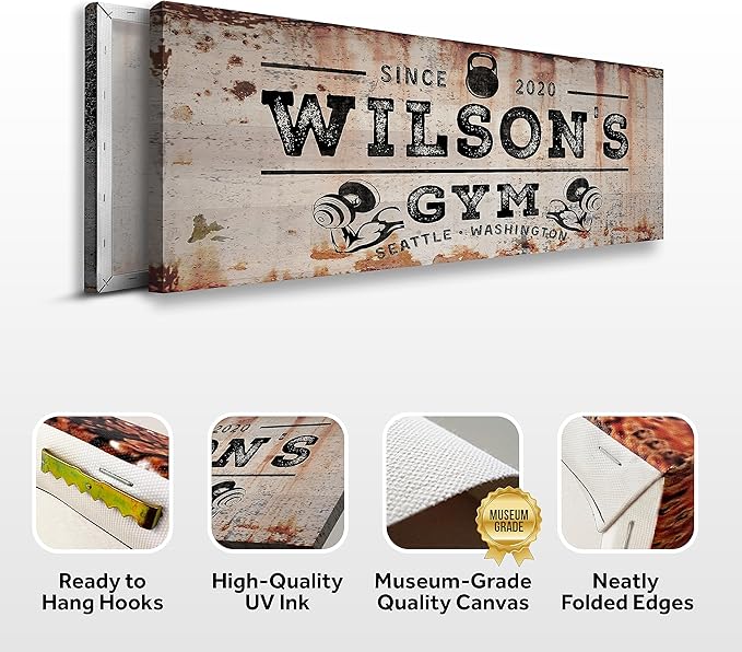 TAILORED CANVASES Personalized Gym Sign Wall Art Decor - Motivational Canvas s for Home Gym, Workout Room, Garage, Fitness Center - Workout Inspirational Posters - Kettlebell on Rustic, 36x12in-StrideForce Fitness