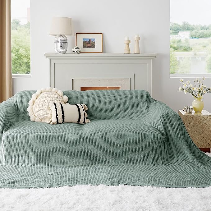 Bedsure 100% Cotton Large Blanket Oversized King for Bed - Breathable Thick Waffle Weave Blanket for Summer, Couch Cover, Sage Green, 120x94 inches-StrideForce Fitness