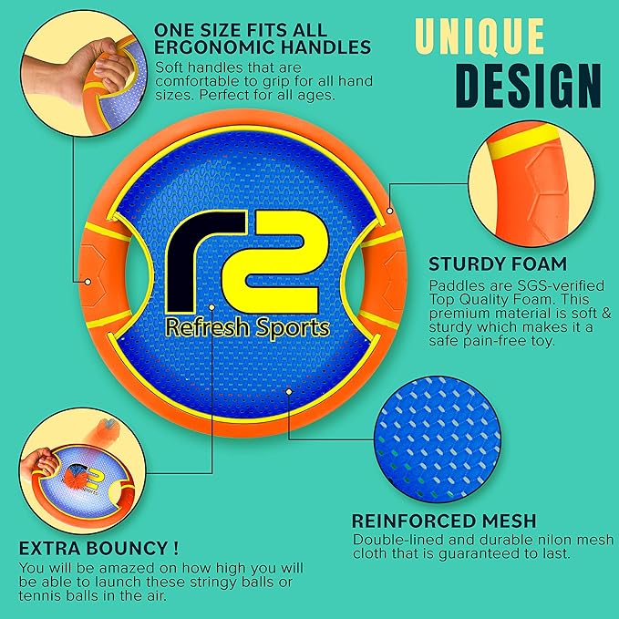 Fun Bouncy Paddle & Stringy Ball Toss & Catch Game - Easy to Use for Kids All Ages - Soft Foam Design for Safe Play Indoors or Outdoors - Also Works as Flying Disc - Great Gift Idea for Boys & Girls-StrideForce Fitness