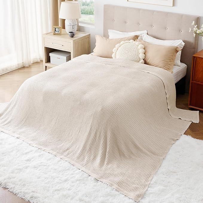 Bedsure 100% Cotton Large Blanket Oversized King for Bed - Breathable Thick Waffle Weave Blanket for Summer, Couch Cover, Khaki (a Little Bit Yellow), 120x94 inches-StrideForce Fitness