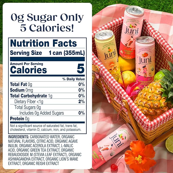 Juni Sparkling Adaptogen Drink with Ashwagandha, Lion’s Mane & Reishi Mushrooms | Green Tea for Focus, Zero Sugar, 5 Calories | Decaffeinated, Non Alcoholic Drinks - Cherry Lime 12 pack-StrideForce Fitness