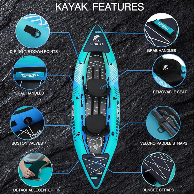 UPWELL 13'6”/11' Inflatable Recreational Kayak - 2 Person with Drop Stitch Floor and Accessories Including Kayak Seats with High Back Support, Paddle, Fin, Repair Kits, Carry Bag and Hand Pump-StrideForce Fitness
