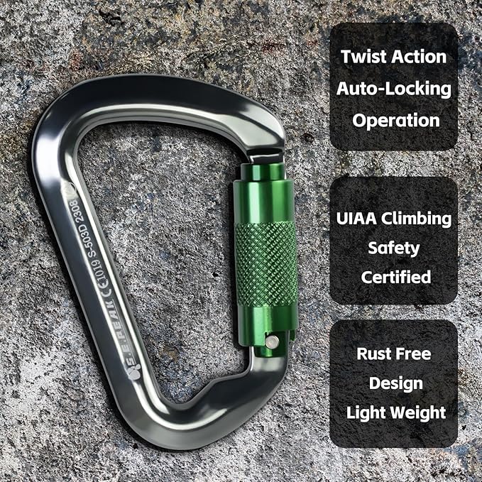 SEPEAK UIAA 30kN Climbing Carabiner Clips, Professional Heavy Duty Twist Locking Carabiners for Climbing,Mountaineering, Rappelling, Camping, Hiking, Swings, Large D Ring Hooks-StrideForce Fitness