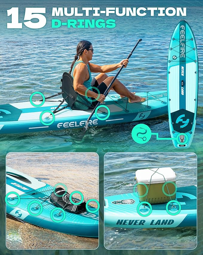 Feelfire11'x34” Extra Wide Inflatable Paddleboard, Stand-up Paddle Board for Adults, 420lb Capacity for Yoga/Fishing/Family, EVA Deck, US Fin, High-Pressure Pump, Storage Backpack, Safety Leash-StrideForce Fitness
