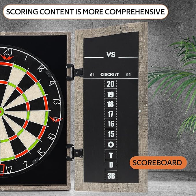 Dartboard Cabinet Set - Easy Assembly One Piece Sports Hemp Dartboard Scoreboard - Play Immediately - 6 Dart Chalk Set for Home Game Bar Accessories, Gray-StrideForce Fitness