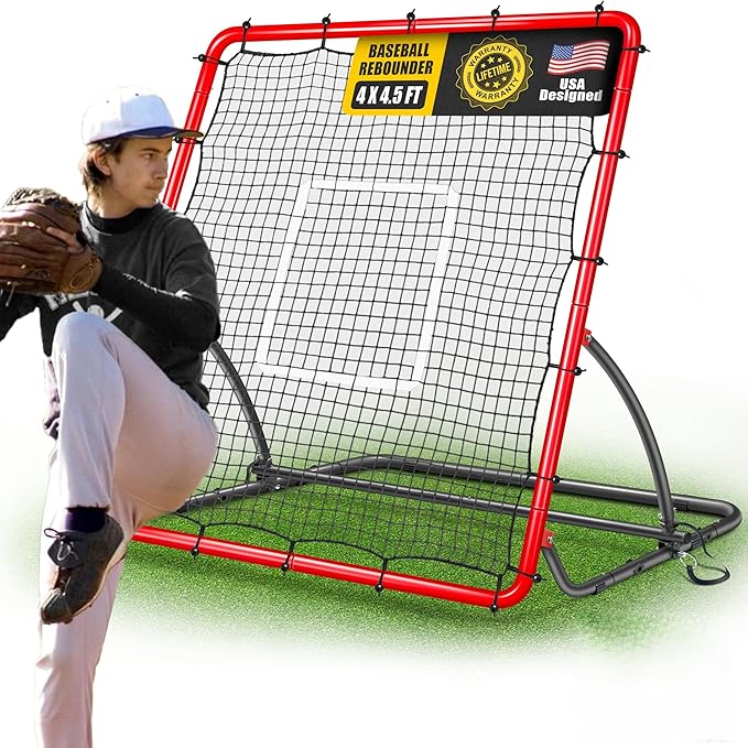 Heavy Duty Baseball Rebounder Net 4x4.5 FT Pitchback with 3 Adjustable Angles, Baseball and Softball Bounce Back Net for Ground, Line Drive, Fly Ball Return Settings Fielding Trainer-StrideForce Fitness