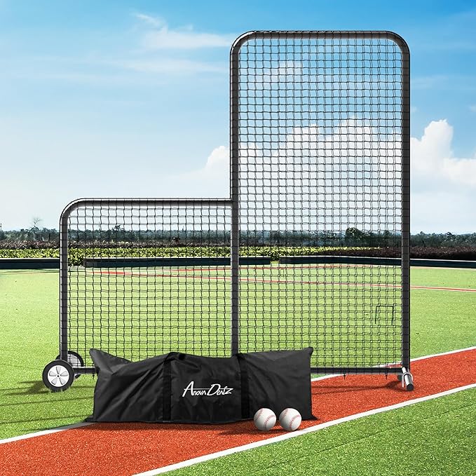Yes4All Portable L-Screen Baseball 7x7ft with 2 Baseballs, Rubber Wheels - L Screen Baseball for Batting Cage, Protective Pitching Screen Net Double Layers, Carry Bag Included-StrideForce Fitness