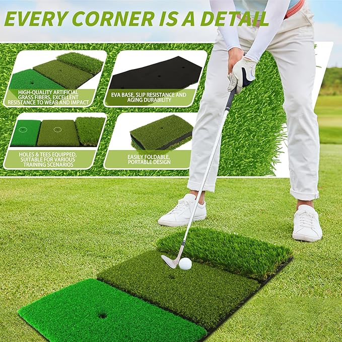 Jkwokback 3-in-1 Golf Hitting Mat | Turf Golf Practice Mat for Swing, Putting & Chipping | Portable Golf Mats Practice Indoor/Outdoor Golf Hitting Mat with 8 Tees Golf Training Mat-StrideForce Fitness