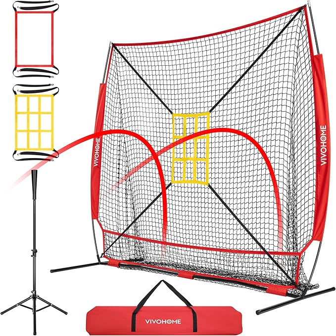 VIVOHOME Baseball Softball Hitting Net with Large Ball Collection System, 7 x 7 ft Baseball Batting Pitching Net with Tee, 2 Strike Zone, Carry Bag-StrideForce Fitness