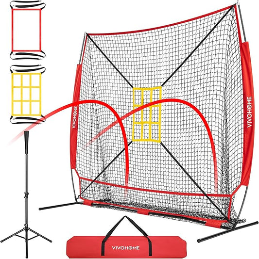 VIVOHOME Baseball Softball Hitting Net with Large Ball Collection System, 7 x 7 ft Baseball Batting Pitching Net with Tee, 2 Strike Zone, Carry Bag-StrideForce Fitness