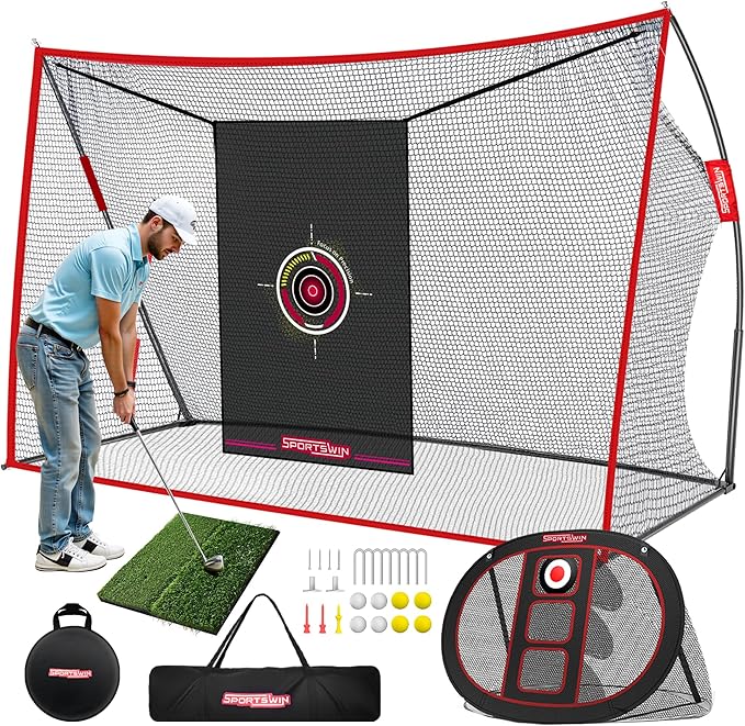 10x7ft Heavy Duty Golf Practice Net with Mat, Target Cloth, 8 Tees, 6 Balls, Carry Bag, Golf Training Net for Backyard Driving Chipping Indoor Outdoor-StrideForce Fitness