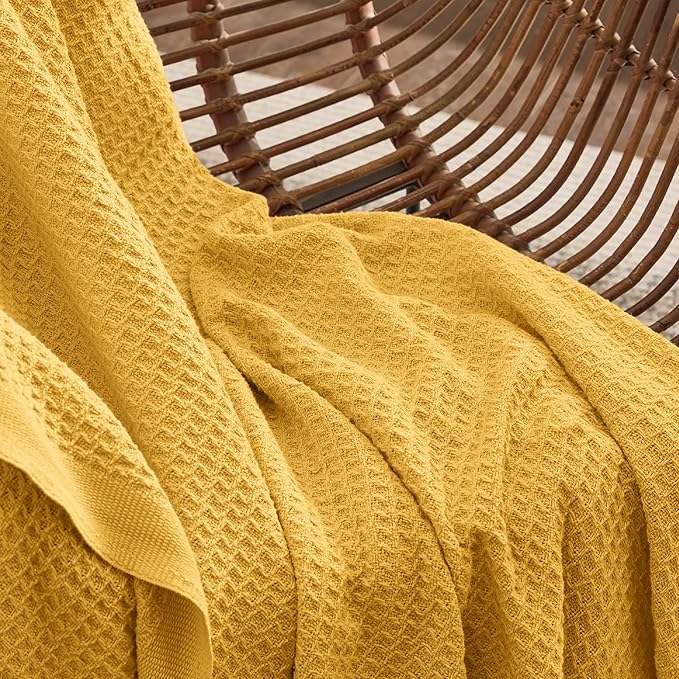 Bedsure 100% Cotton Blanket Queen Size for Bed - Breathable and Soft, Waffle Weave Blanket for Summer, Thick Cozy Fall Blankets for Women Gift, Mustard Yellow, 90x90 Inches-StrideForce Fitness
