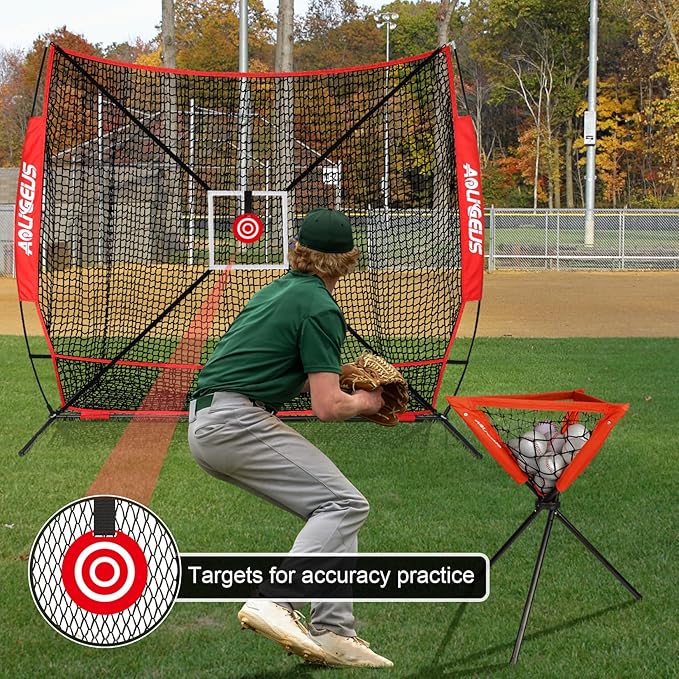 6'X6' Baseball Softball Practice Net with Batting Tee and Ball Caddy, Bonus Strike Zone Target and Bow Frame, for Hitting, Pitching, Catching-StrideForce Fitness